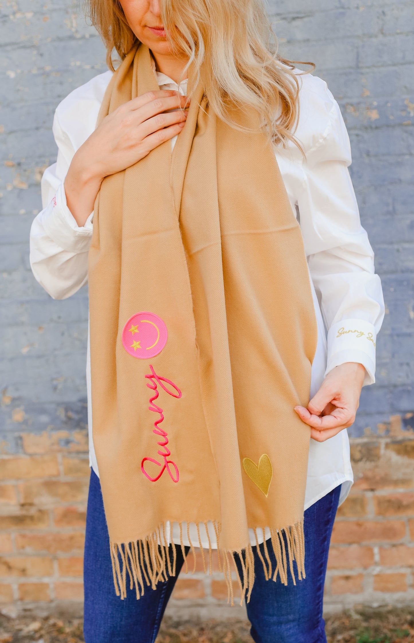 Smiley Patch Scarf - Taupe